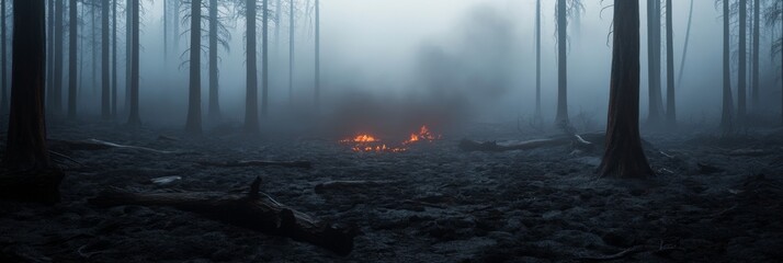 Eerie forest with smoldering fire and dense mist at dawn