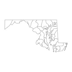 Maryland, MD - detailed political map of US state. Administrative map divided into counties. Thin blank black outline map. Vector illustration