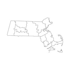 Massachusetts, MA - detailed political map of US state. Administrative map divided into counties. Thin blank black outline map. Vector illustration