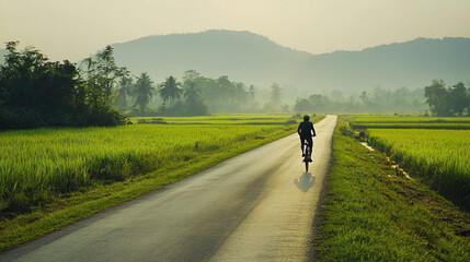 Fototapeta premium Peaceful cyclist on a rural road through lush rice paddies.