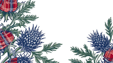 Decorative Floral Border Design with Red Plaid and Blue Thistle Elements on White Background