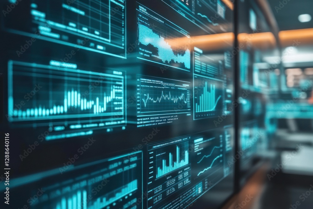 Poster data analysis dashboard displaying various graphs and charts in a modern office setting