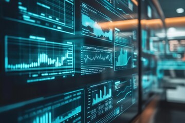 Obraz premium Data analysis dashboard displaying various graphs and charts in a modern office setting