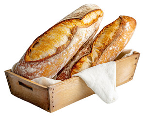 The image showcases two freshly baked artisan loaves with a golden, crispy crust and deep scoring, placed in a rustic wooden crate lined with a linen cloth.