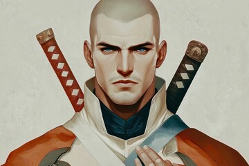 Bald Samurai Warrior with Katana Swords - Digital Painting