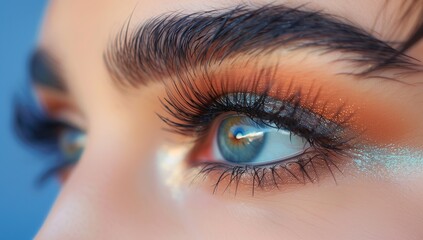 Obraz premium Close-up of a beautiful woman's eye with long eyelashes and colorful eyeshadow.