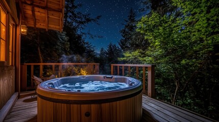 Fototapeta premium Nighttime hot tub relaxation on cabin deck, starry forest