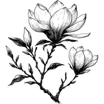 recommend clip art: Line art drawing of magnolia flower plant ink sketch floral summer vector hand drawn illustration background