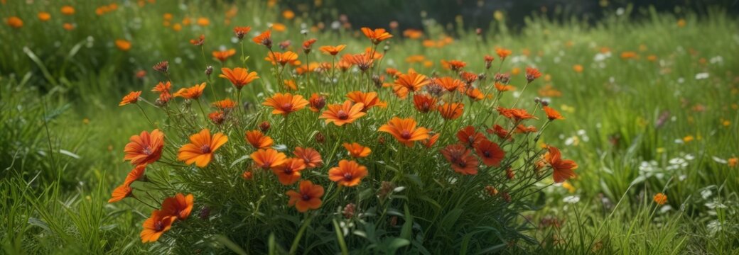Cluster of bright orange and red wildflowers in a lush grassy area, vibrant, orange, colorful