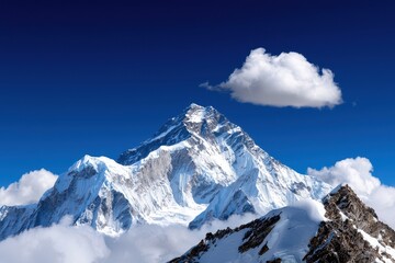 Obraz premium Majestic snow-capped mountain peak under a clear blue sky with fluffy white clouds.