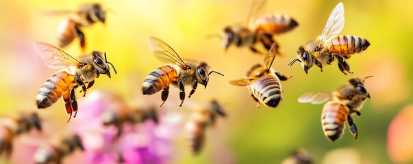 Worker bees flying together in perfect harmony, vivid wildflower background, showcasing their wings in motion, with bright, colorful tones enhancing the bees details