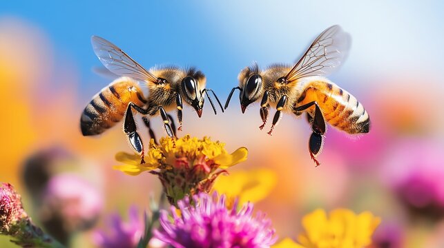 Two worker bees soaring together over a field of colorful blossoms, vibrant backdrop with clear blue sky, showcasing bee wing patterns and flight details