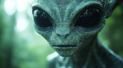 Close-up of green extraterrestrial being with large black eyes in forest setting. Science fiction character concept.