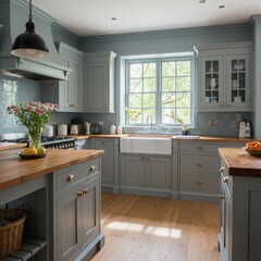 Dusty Blue Warm Gray Kitchen design Rustic Farmhouse decor