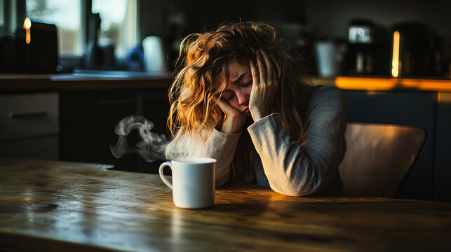 A tired and hungover woman sits in the kitchen with a cup of coffee.