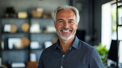 Fototapeta premium Smiling CEO Headshot: Modern Office Shelf Background