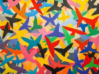 Obraz premium Colorful Flock of Birds Overhead in Dynamic Flight Depicted in Abstract Painting Style