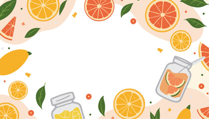 Colorful citrus fruits and jar on white background