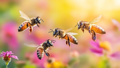 Group of worker bees flying side by side, dynamic motion blur with a colorful background of flowers and sunlight, focusing on their unique body patterns and wings