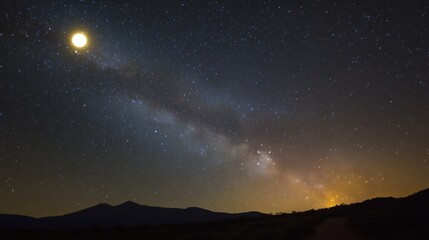 Fototapeta premium Milky Way, moonlit desert night, starry sky, mountains, landscape, astronomy photography