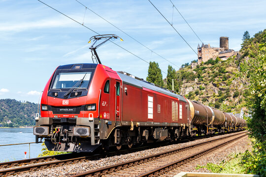 Freight train of Deutsche Bahn DB Cargo in Sankt Goarshausen, Germany
