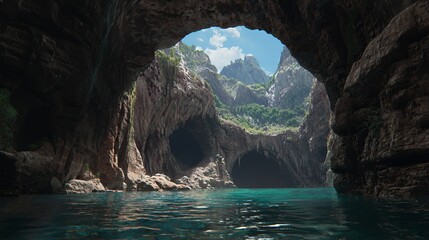 Dark Cave Entrance with Blue Water and Lush Green Hills