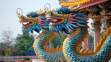 Colorful Dragon Twins at South Asian Temple