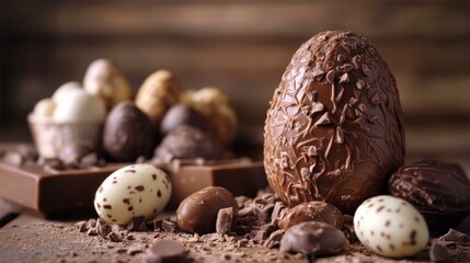 Obraz premium Delicious Chocolate Easter Egg Feast with Candy Treats and Festive Holiday Indulgence Still Life