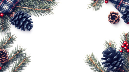 Festive Christmas Decoration Frame With Pine Cones Fir Branches And Red Berries On White Background