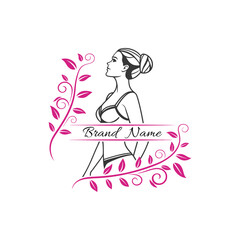 Elegant Woman Logo Template with Bra icon and Floral Ornament for Beauty & Wellness Branding