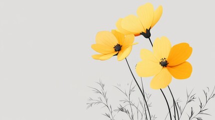 Vibrant yellow cosmos flowers on light gray background