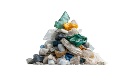 Environmental pollution, garbage pile with green and blue backdrop illustrates waste disposal issues