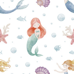 Watercolor seamless pattern with Mermaids, fish, dolphins, whales, seahorses, and ocean elements. Nautical background for children wrapping paper or kids textiles. Illustration or nautical ornament