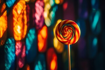 Hard candy lollipop with a multicolored swirl, bright sugar-coated details, fun and cheerful treat illustration for posters, stylized cartoon art