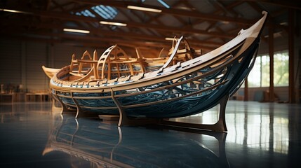 Exquisite Wooden Boat Frame Construction Marvel in a Spacious Interior Workshop Setting Display