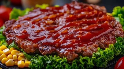 Close-Up of Grilled Meat with Ketchup and Fresh Vegetables on a Serving Plate