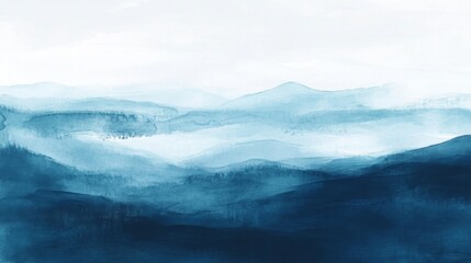 Fototapeta premium Serene blue hues of misty mountain landscape in watercolor painting