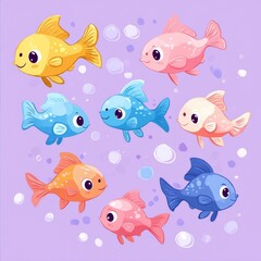 Naklejka premium Group of Whimsical Colorful Fishes with Large Eyes Swimming in a Playful Underwater Scene