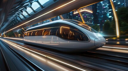 Fototapeta premium Futuristic High-Speed Train Moving Through Urban Landscape with Blurred Background and Neon Lights
