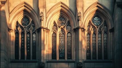 Fototapeta premium Gothic church sunrise windows, stone facade, architectural detail, travel, website