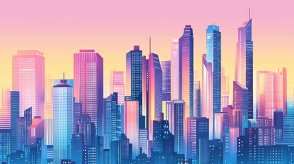 Fototapeta premium Futuristic cityscape at sunset with vibrant pink and blue skyscrapers