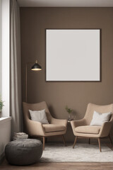 Modern Cozy Interior with Blank Frame Mockups – Stylish Living Room Design. Beige color