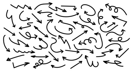 Hand drawn arrow collection. Set of simple black arrows. Various of minimalist lines arrows.