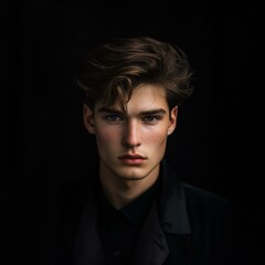 Handsome Man with Disheveled Brown Hair Posing in Front of a Dark Backdrop Portrait
