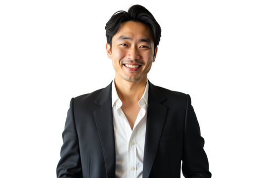 Confident Asian businessman portrait isolated on white background. Professional headshot of handsome man in suit, for corporate website, profile or banner. Isolated on transparent background.