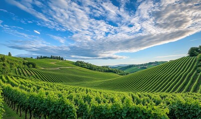 Fototapeta premium Lush vineyard landscape at sunset with rolling hills and cloudy sky