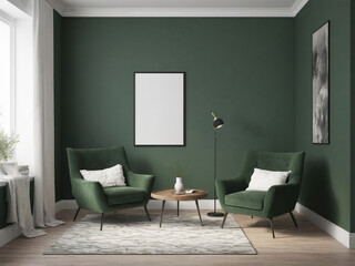 Modern Cozy Interior with Blank Frame Mockups – Stylish Living Room Design. Dark green color