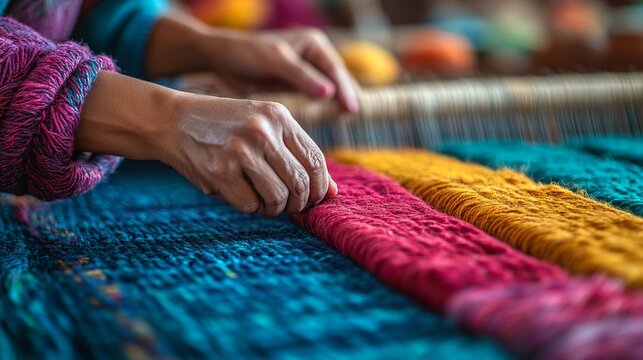A wide shot of a traditional weaving loom with colorful wool threads being knotted into a rug. The workspace is filled with vibrant yarns, and the artisan&rsquo;s hands are focused on creating each knot