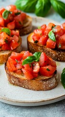 Delicious bruschetta with fresh tomatoes and basil on plate