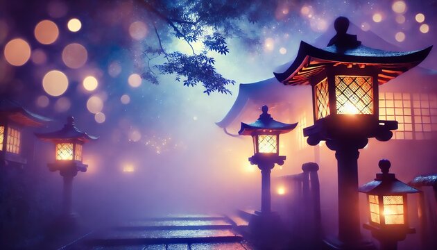 夜 和風 背景 ランタン 光 幻想的 ぼかし